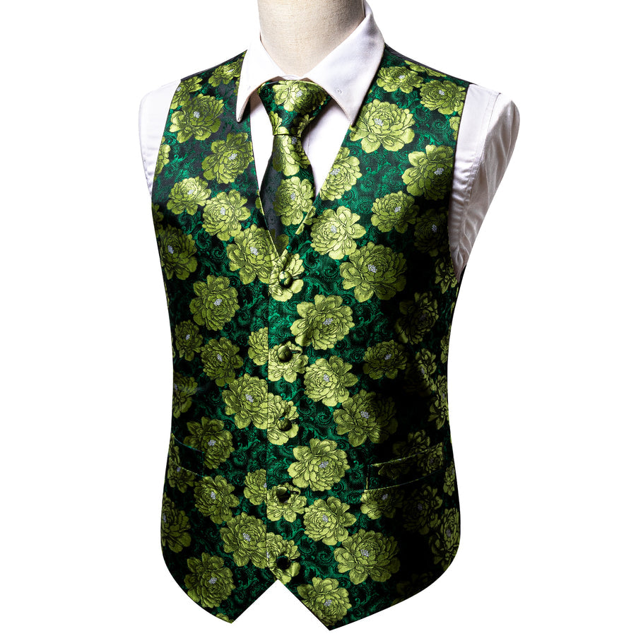 Dark Green Yellow Floral Jacquard Silk Vest Set vest set    - Sophisticated Gentlemen