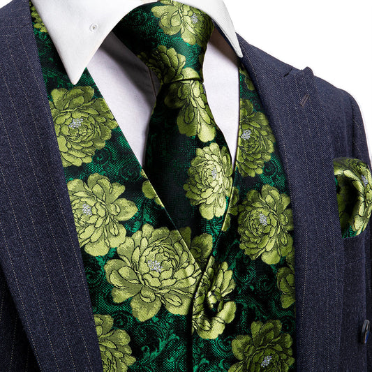Dark Green Yellow Floral Jacquard Silk Vest Set vest set S (Chest 40")   - Sophisticated Gentlemen