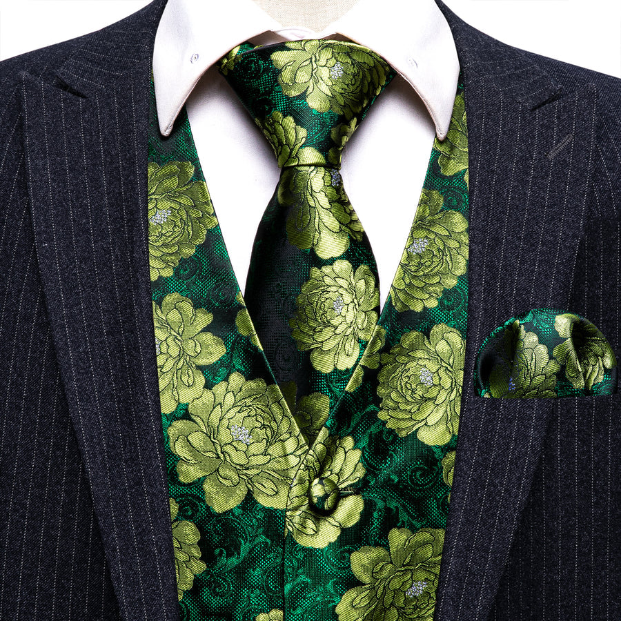 Dark Green Yellow Floral Jacquard Silk Vest Set vest set    - Sophisticated Gentlemen