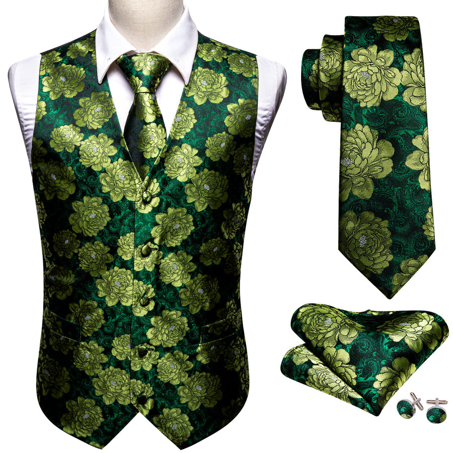 Dark Green Yellow Floral Jacquard Silk Vest Set vest set    - Sophisticated Gentlemen