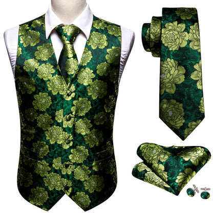 Dark Green Yellow Floral Jacquard Silk Vest Set vest set    - Sophisticated Gentlemen