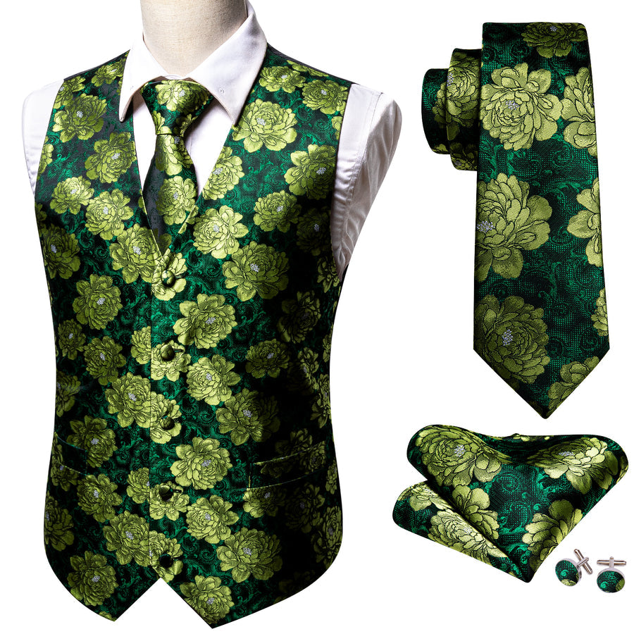Dark Green Yellow Floral Jacquard Silk Vest Set vest set    - Sophisticated Gentlemen
