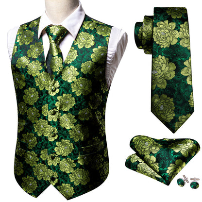 Dark Green Yellow Floral Jacquard Silk Vest Set vest set    - Sophisticated Gentlemen
