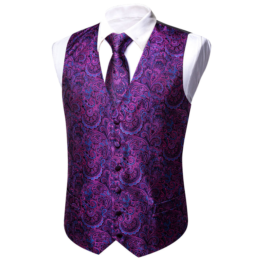 Luxury Purple Paisley Jacquard Silk Men's Vest Set vest set    - Sophisticated Gentlemen