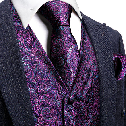 Luxury Purple Paisley Jacquard Silk Men's Vest Set vest set S (Chest 40")   - Sophisticated Gentlemen