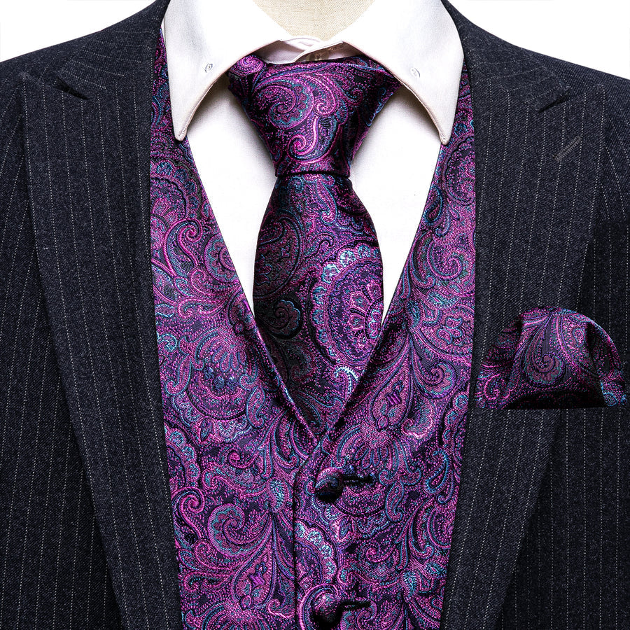 Luxury Purple Paisley Jacquard Silk Men's Vest Set vest set    - Sophisticated Gentlemen
