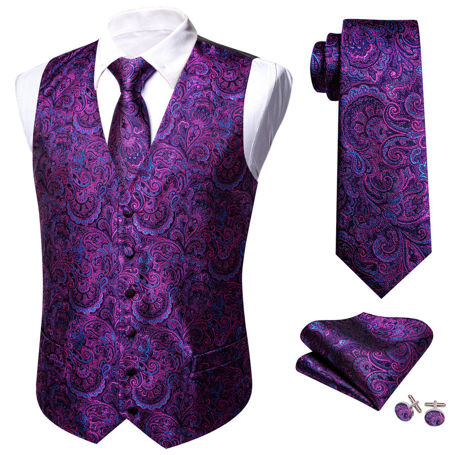 Luxury Purple Paisley Jacquard Silk Men's Vest Set vest set    - Sophisticated Gentlemen