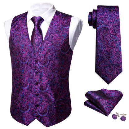 Luxury Purple Paisley Jacquard Silk Men's Vest Set vest set    - Sophisticated Gentlemen