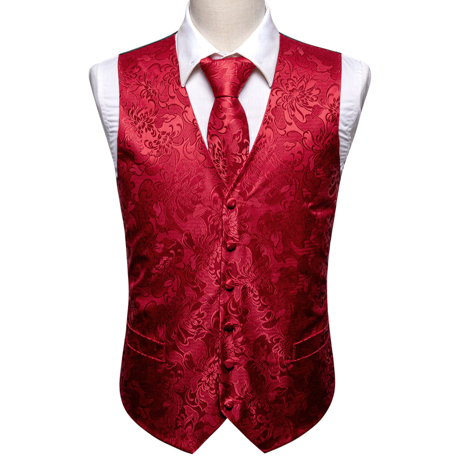 Red Floral Jacquard Silk Vest Set vest set    - Sophisticated Gentlemen
