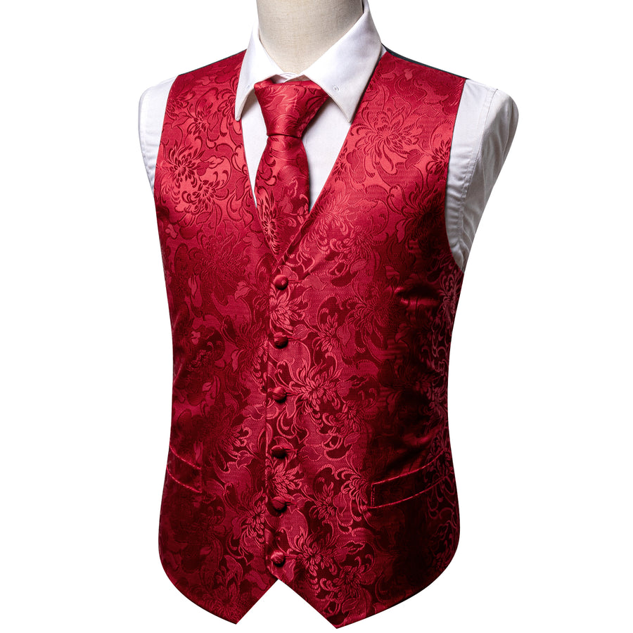 Red Floral Jacquard Silk Vest Set vest set    - Sophisticated Gentlemen