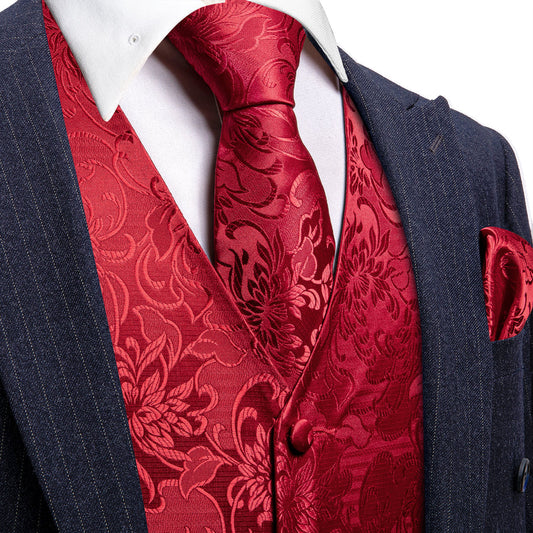 Red Floral Jacquard Silk Vest Set vest set S (Chest 40")   - Sophisticated Gentlemen