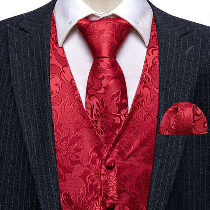 Red Floral Jacquard Silk Vest Set vest set    - Sophisticated Gentlemen