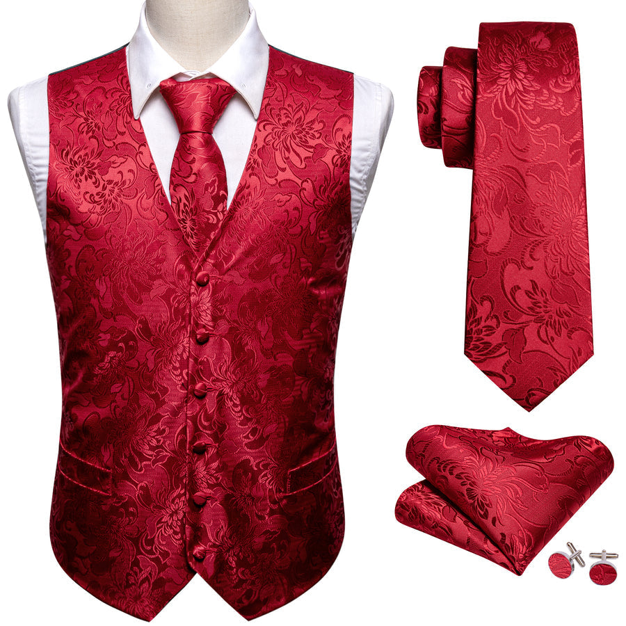 Red Floral Jacquard Silk Vest Set vest set    - Sophisticated Gentlemen