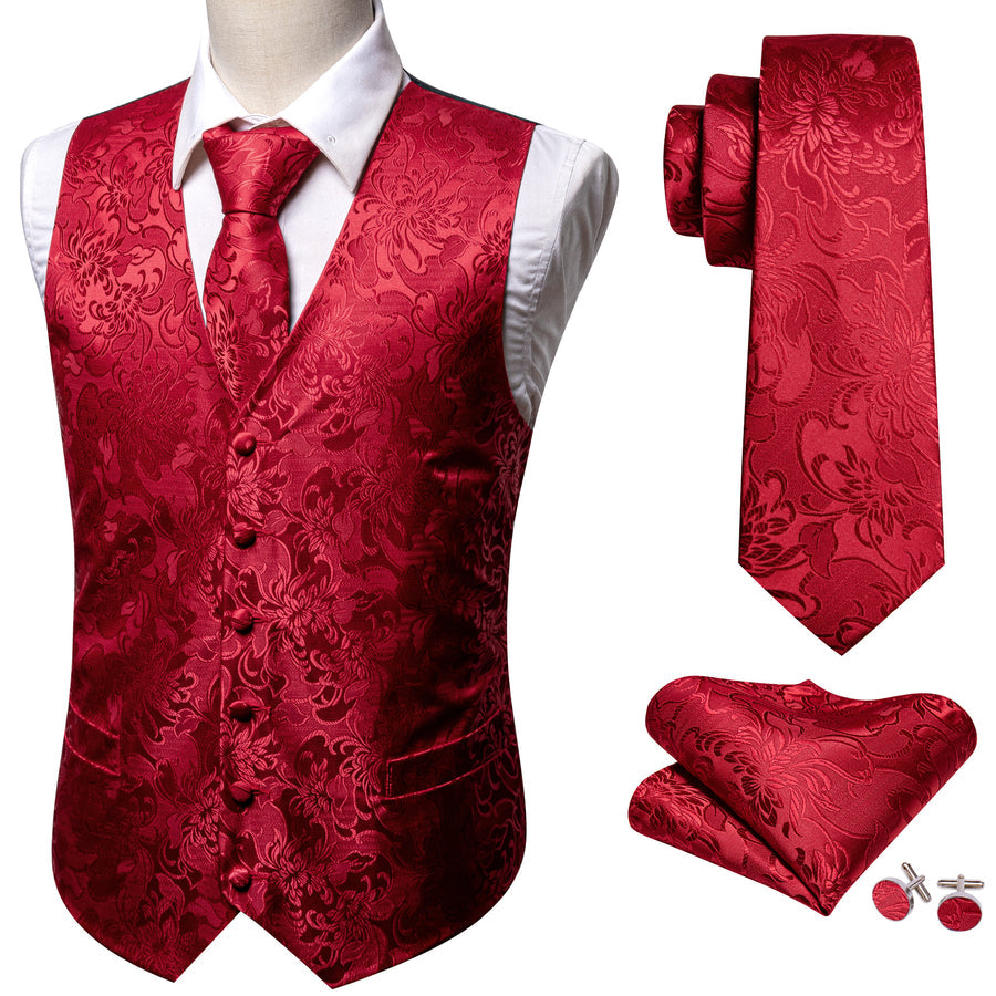 Red Floral Jacquard Silk Vest Set vest set    - Sophisticated Gentlemen