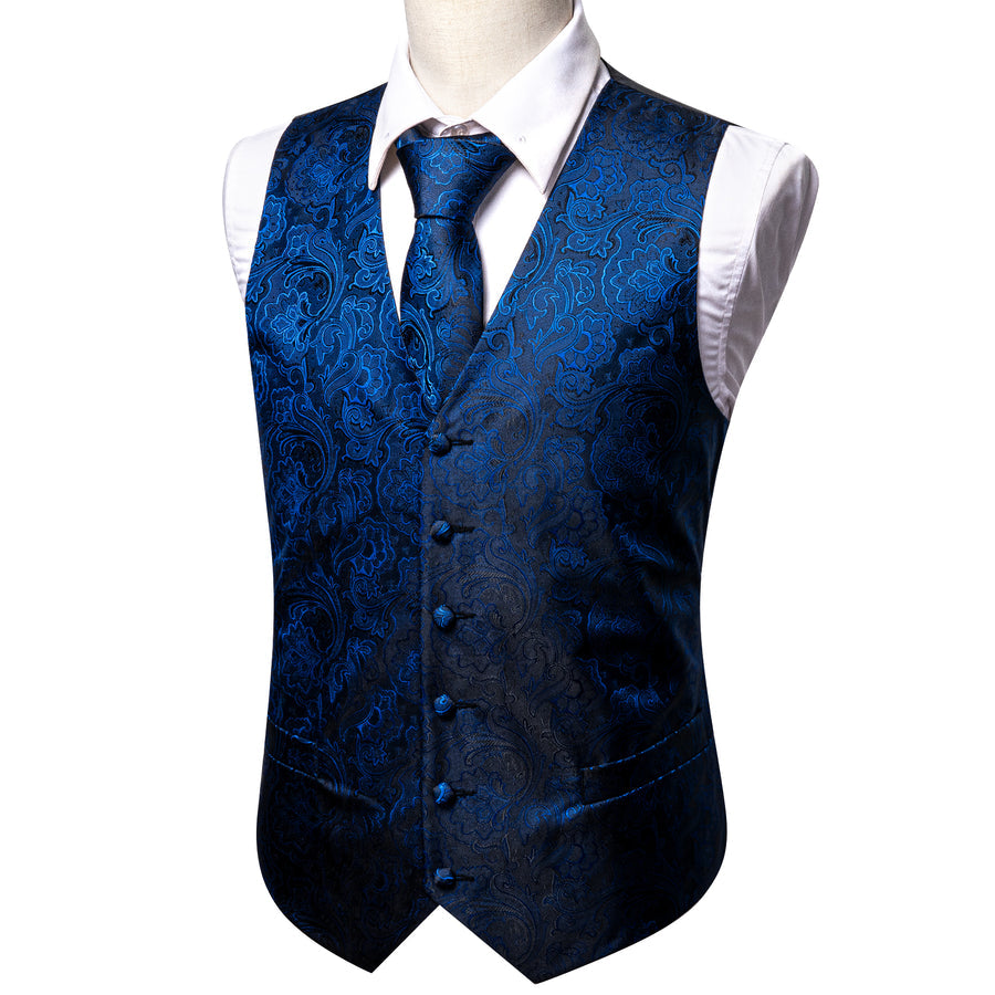 Blue Floral Jacquard Silk Men's Vest Set vest set    - Sophisticated Gentlemen