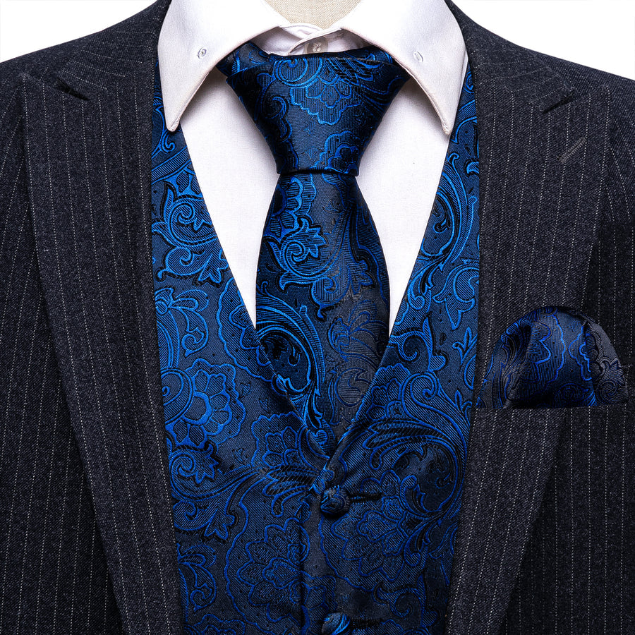 Blue Floral Jacquard Silk Men's Vest Set vest set    - Sophisticated Gentlemen