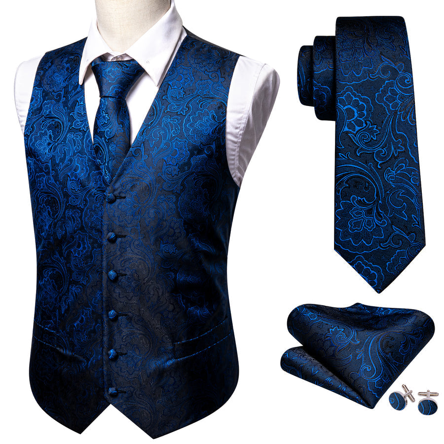 Blue Floral Jacquard Silk Men's Vest Set vest set    - Sophisticated Gentlemen