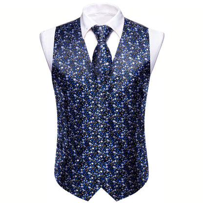 Dark Blue Floral Jacquard Silk Men's Vest Set vest set    - Sophisticated Gentlemen