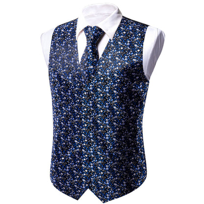 Dark Blue Floral Jacquard Silk Men's Vest Set vest set    - Sophisticated Gentlemen