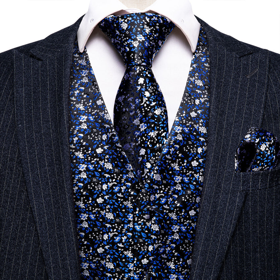 Dark Blue Floral Jacquard Silk Men's Vest Set vest set    - Sophisticated Gentlemen