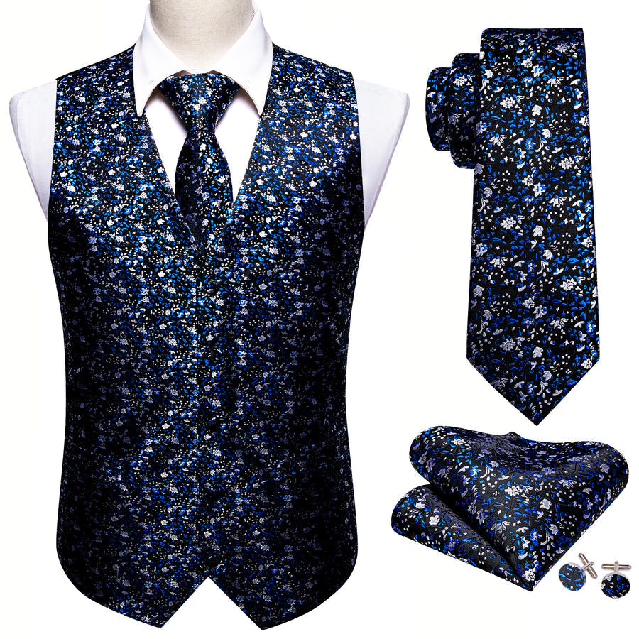 Dark Blue Floral Jacquard Silk Men's Vest Set vest set    - Sophisticated Gentlemen
