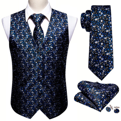Dark Blue Floral Jacquard Silk Men's Vest Set vest set    - Sophisticated Gentlemen