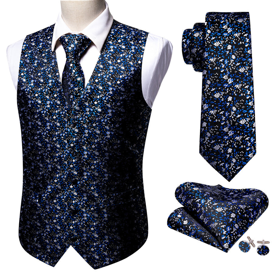 Dark Blue Floral Jacquard Silk Men's Vest Set vest set    - Sophisticated Gentlemen