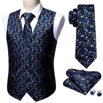 Dark Blue Floral Jacquard Silk Men's Vest Set vest set    - Sophisticated Gentlemen