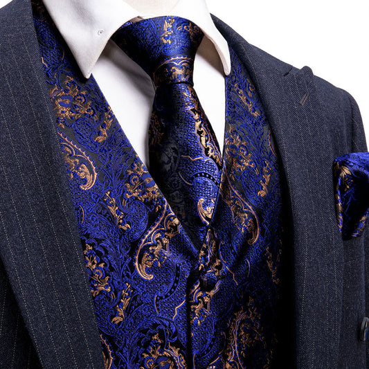 Royal Blue Brown Paisley Jacquard Silk Men's Vest Set vest set S (Chest 40")   - Sophisticated Gentlemen