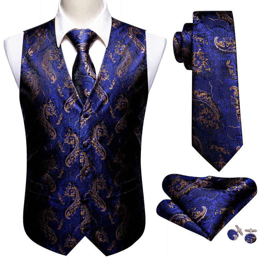 Royal Blue Brown Paisley Jacquard Silk Men's Vest Set vest set    - Sophisticated Gentlemen