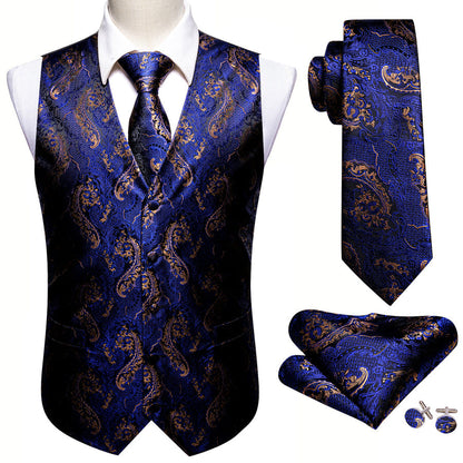 Royal Blue Brown Paisley Jacquard Silk Men's Vest Set vest set    - Sophisticated Gentlemen