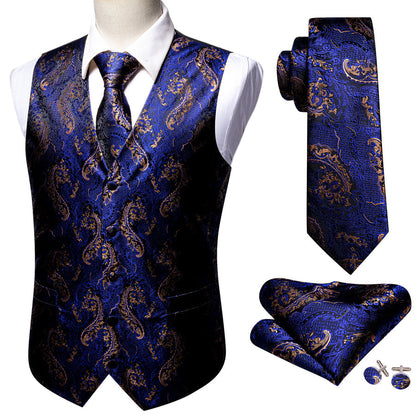 Royal Blue Brown Paisley Jacquard Silk Men's Vest Set vest set    - Sophisticated Gentlemen