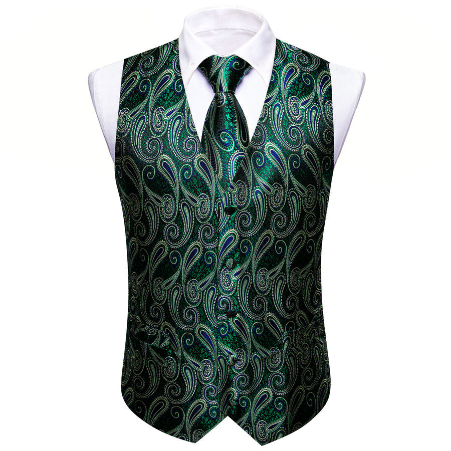 Green Paisley Jacquard Silk Vest Set vest set    - Sophisticated Gentlemen