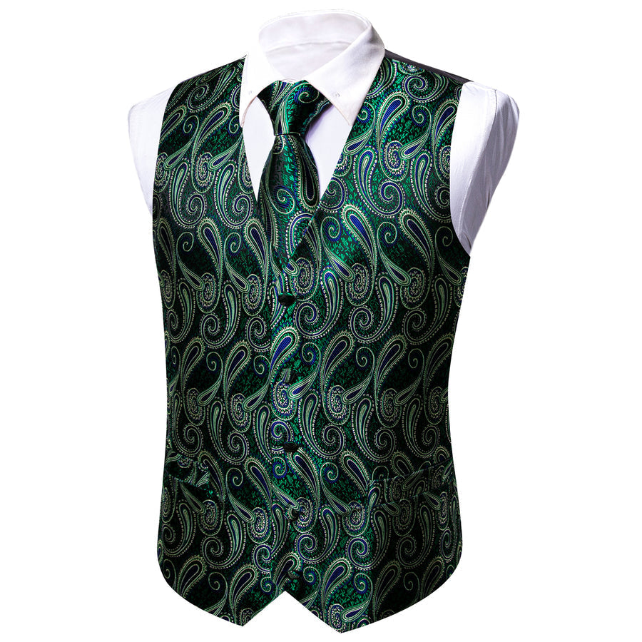Green Paisley Jacquard Silk Vest Set vest set    - Sophisticated Gentlemen