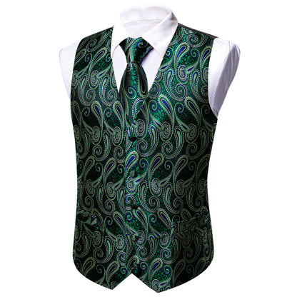 Green Paisley Jacquard Silk Vest Set vest set    - Sophisticated Gentlemen