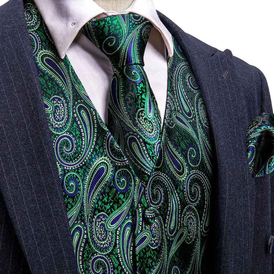 Green Paisley Jacquard Silk Vest Set vest set S (Chest 40")   - Sophisticated Gentlemen