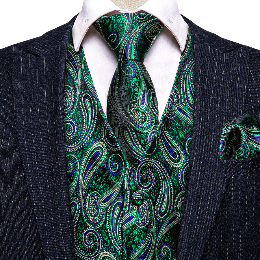 Green Paisley Jacquard Silk Vest Set vest set    - Sophisticated Gentlemen