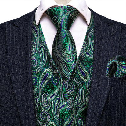 Green Paisley Jacquard Silk Vest Set vest set    - Sophisticated Gentlemen