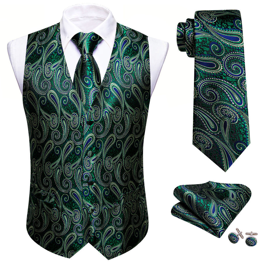 Green Paisley Jacquard Silk Vest Set vest set    - Sophisticated Gentlemen
