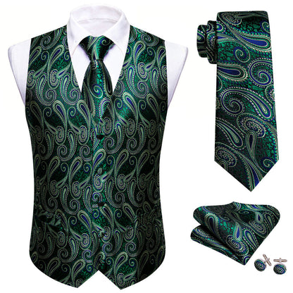 Green Paisley Jacquard Silk Vest Set vest set    - Sophisticated Gentlemen
