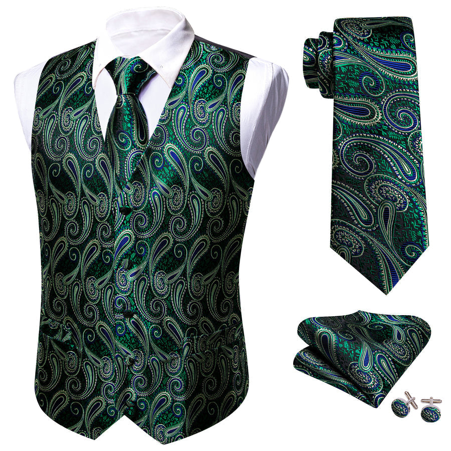 Green Paisley Jacquard Silk Vest Set vest set    - Sophisticated Gentlemen