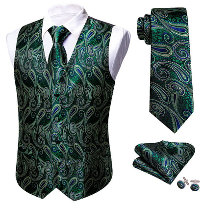 Green Paisley Jacquard Silk Vest Set vest set    - Sophisticated Gentlemen