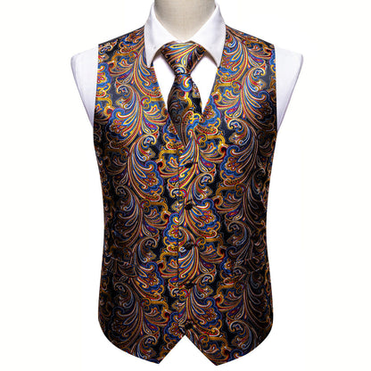 Luxury Golden Blue Paisley Jacquard Silk Vest Set vest set    - Sophisticated Gentlemen