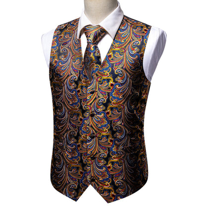 Luxury Golden Blue Paisley Jacquard Silk Vest Set vest set    - Sophisticated Gentlemen