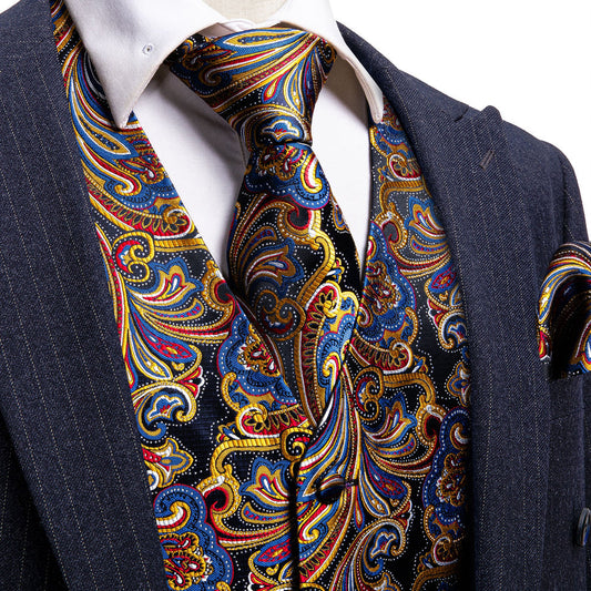 Luxury Golden Blue Paisley Jacquard Silk Vest Set vest set S (Chest 40")   - Sophisticated Gentlemen