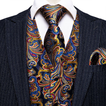 Luxury Golden Blue Paisley Jacquard Silk Vest Set vest set    - Sophisticated Gentlemen