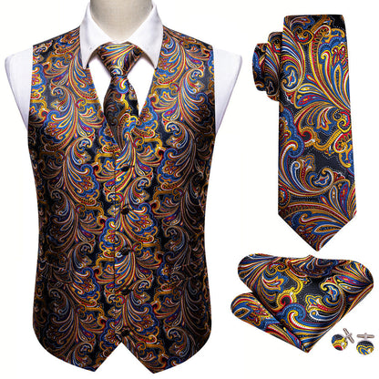 Luxury Golden Blue Paisley Jacquard Silk Vest Set vest set    - Sophisticated Gentlemen