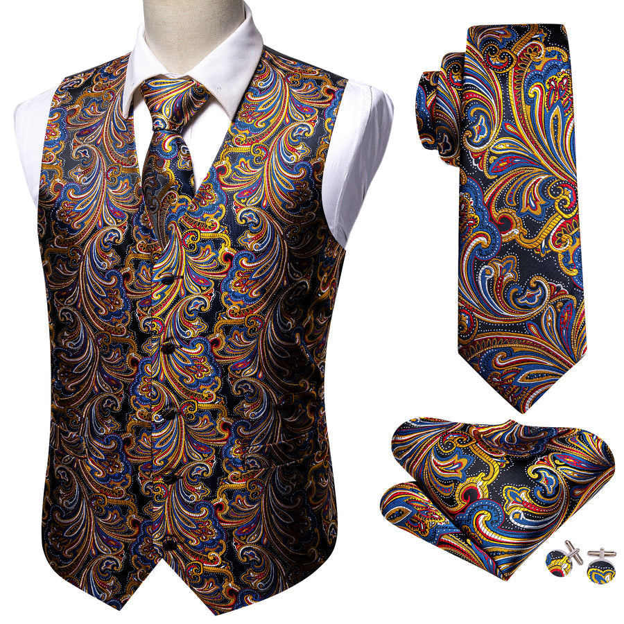 Luxury Golden Blue Paisley Jacquard Silk Vest Set vest set    - Sophisticated Gentlemen