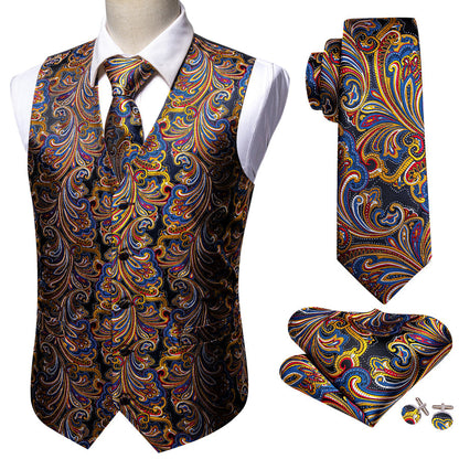 Luxury Golden Blue Paisley Jacquard Silk Vest Set vest set    - Sophisticated Gentlemen