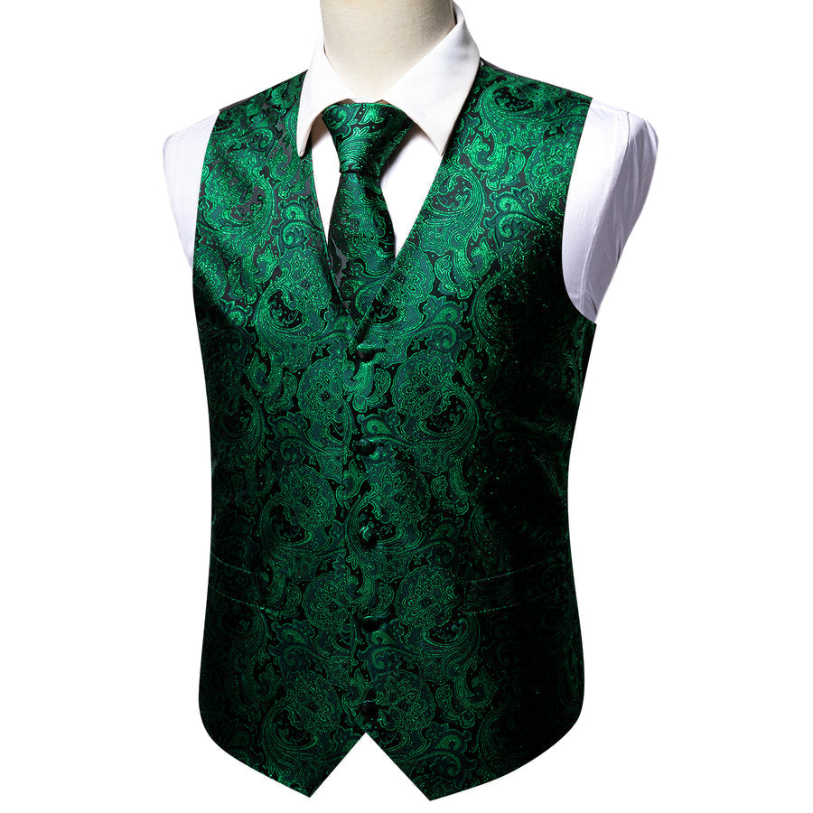 Green Paisley Jacquard Silk Vest Set vest set    - Sophisticated Gentlemen